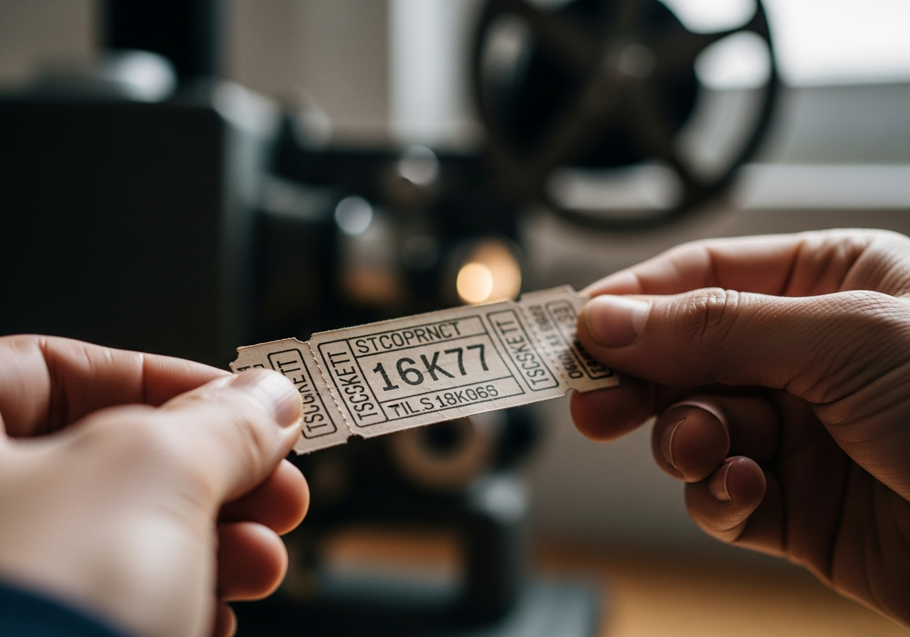 A close-up shot of a pair of hands holding a vintage film ticket stub, slightly worn and faded. The background is a blurry image of an old film projector, evoking a sense of nostalgia and the passage of time.