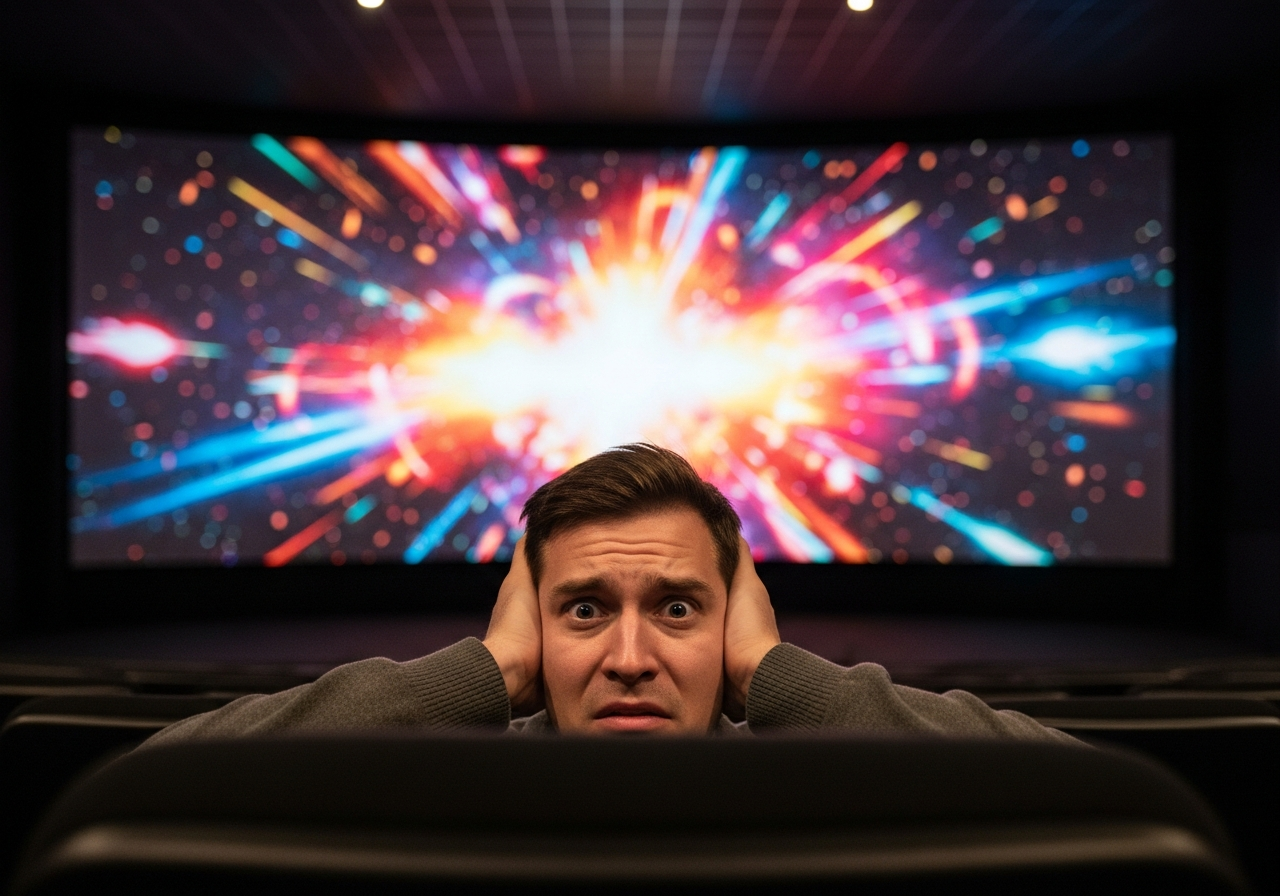 A bewildered audience member in a modern cinema, holding their ears, with a strained expression. The screen in the background is a blur of bright, chaotic colors and explosions, reflecting the sensory overload described in the text.