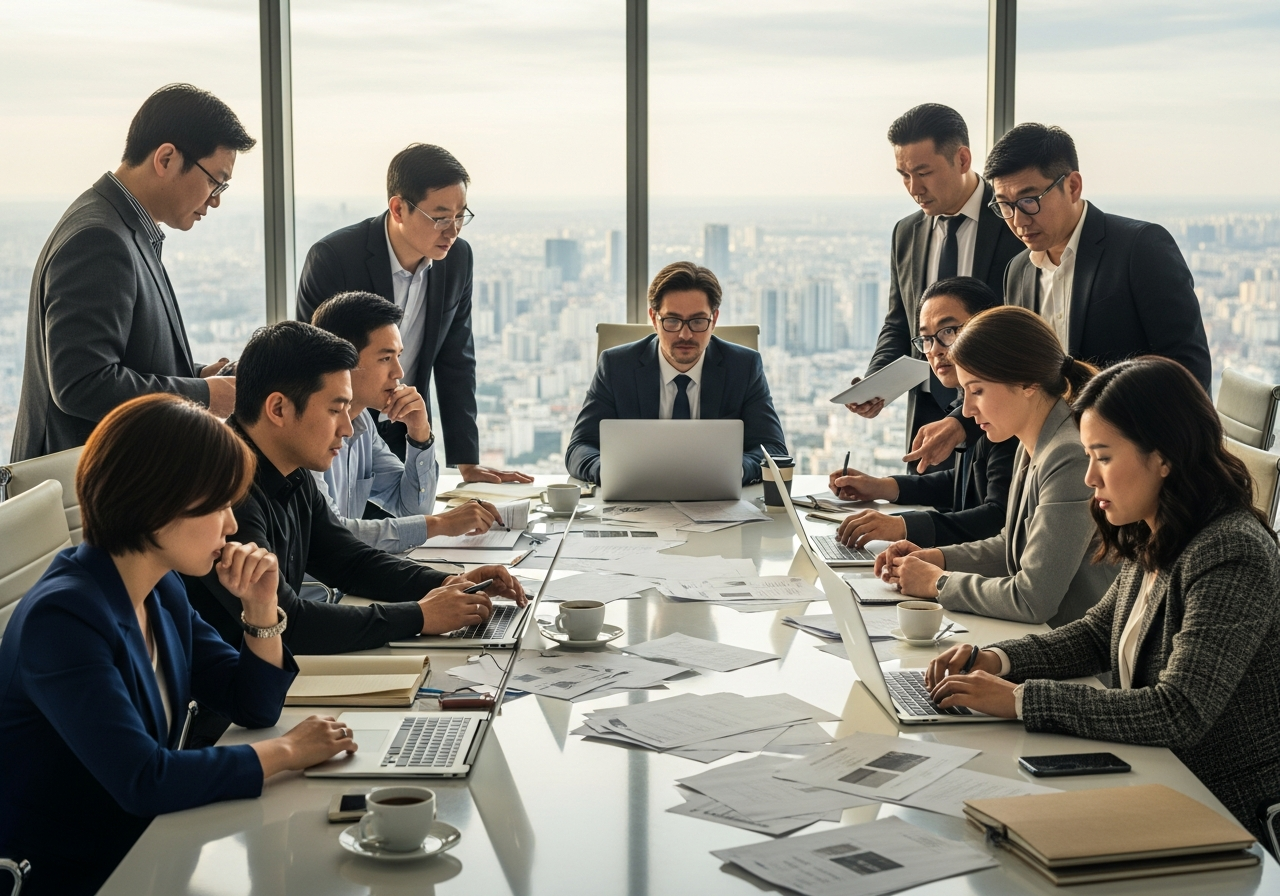 A group of international film producers and directors in a sleek, modern conference room, all looking serious and slightly stressed, with laptops open and papers scattered. The room has large windows overlooking a city skyline.