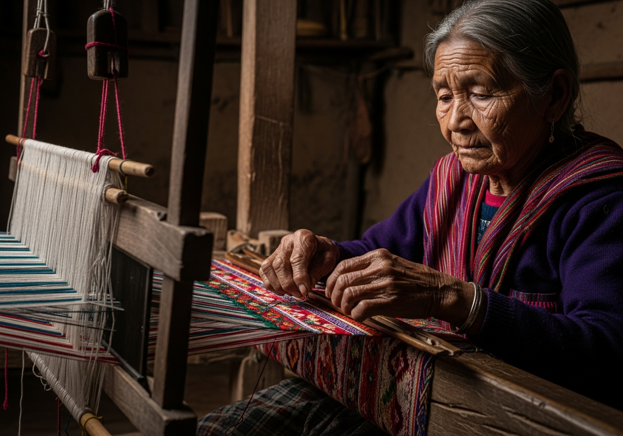 A traditional weaving loom in a dimly lit, rustic room, with intricate patterns emerging from colourful threads. An elderly woman with weathered hands is focused on her work, her face reflecting generations of unspoken stories.