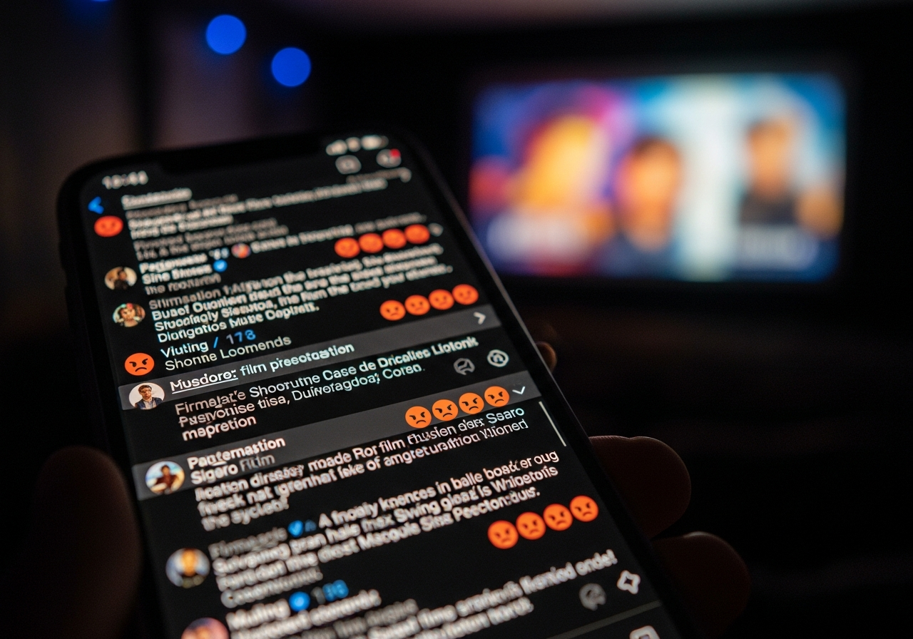A close-up shot of a smartphone screen displaying a chaotic social media feed filled with film discussion comments, angry emojis, and overlapping text, while a blurred movie screen is visible in the background, out of focus.