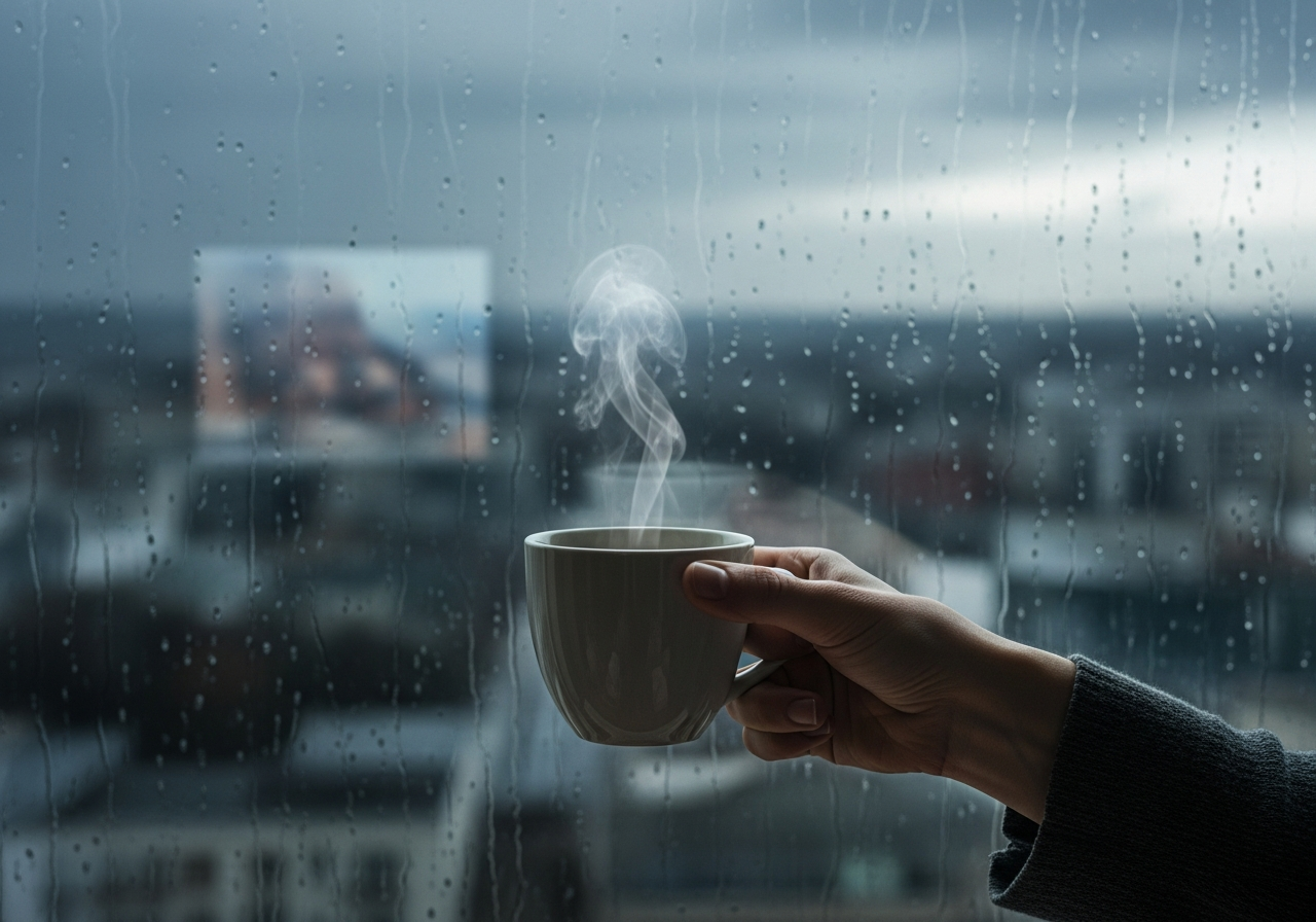 A person's hand holding a steaming cup of tea, looking out of a window at a gloomy, rainy cityscape, lost in thought. The reflection of a movie screen can vaguely be seen in the window pane.