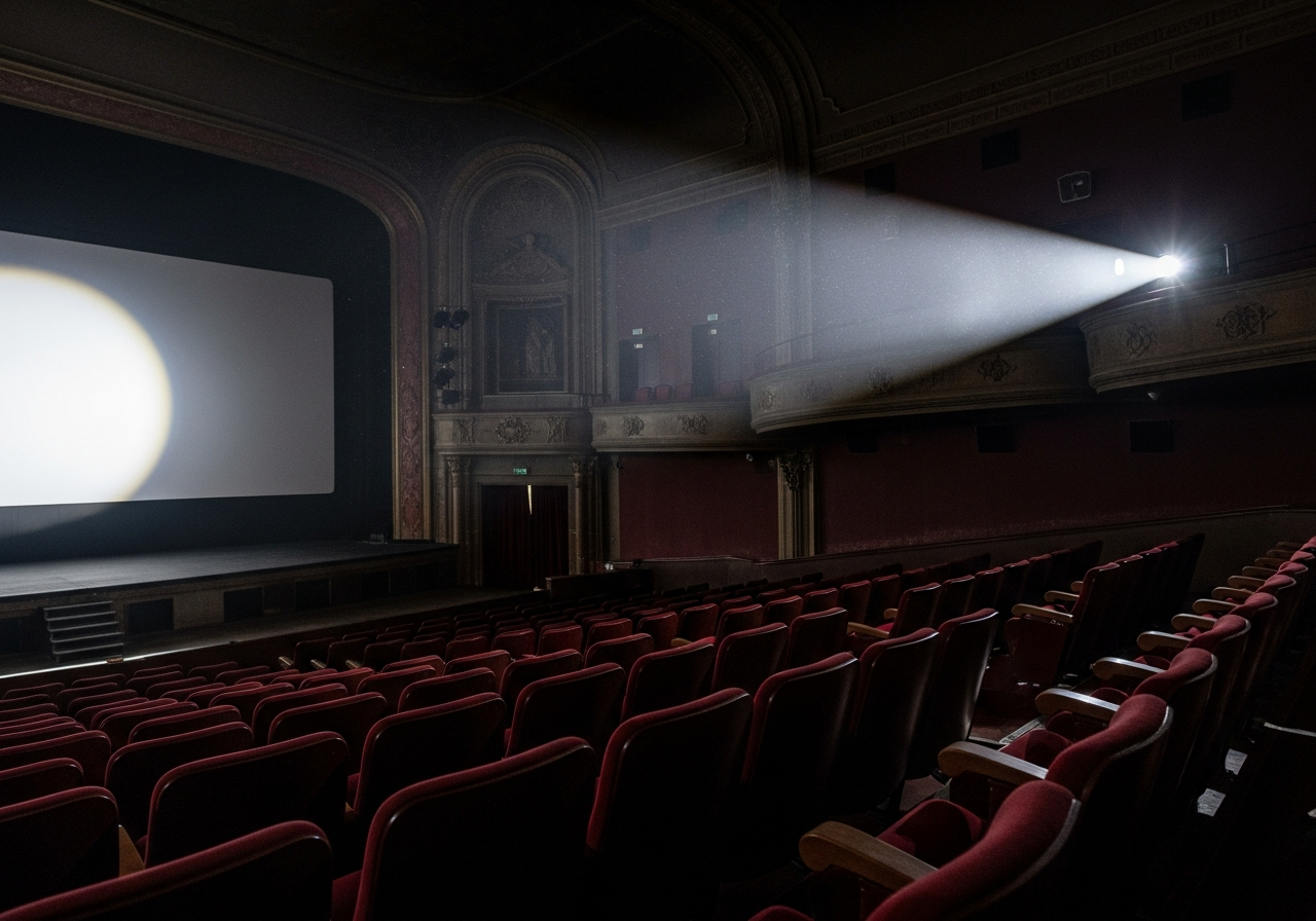 A dimly lit, slightly dusty old cinema hall from the perspective of an audience member, looking towards a giant, glowing silver screen. The seats are worn velvet, and a single beam of projector light cuts through the darkness, highlighting motes of dust in the air. There's a sense of anticipation and forgotten grandeur.