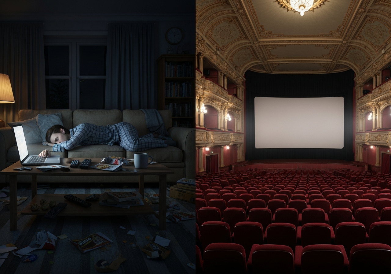A cluttered living room at night. A person is slumped on a couch, wearing pajamas, eyes glued to a laptop screen. The room is messy with snack wrappers, remote controls, and a half-empty mug, contrasting sharply with the grandeur of a traditional cinema.