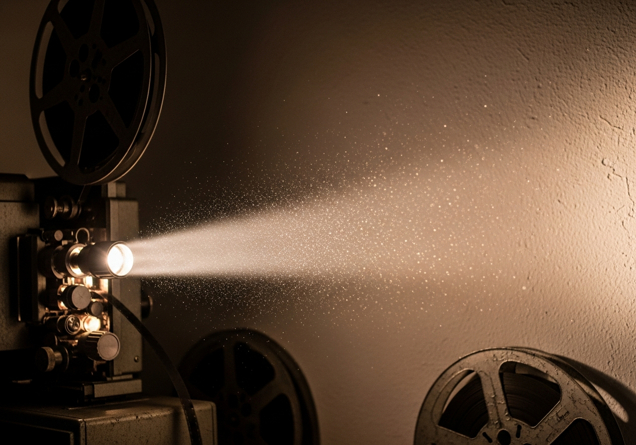 A close-up of a vintage film projector, slowly whirring, casting a warm beam of light onto a blank wall. Dust particles are visible in the beam, and the texture of old film reels can be seen. There's a nostalgic, almost melancholic feel to the image, hinting at a bygone era.