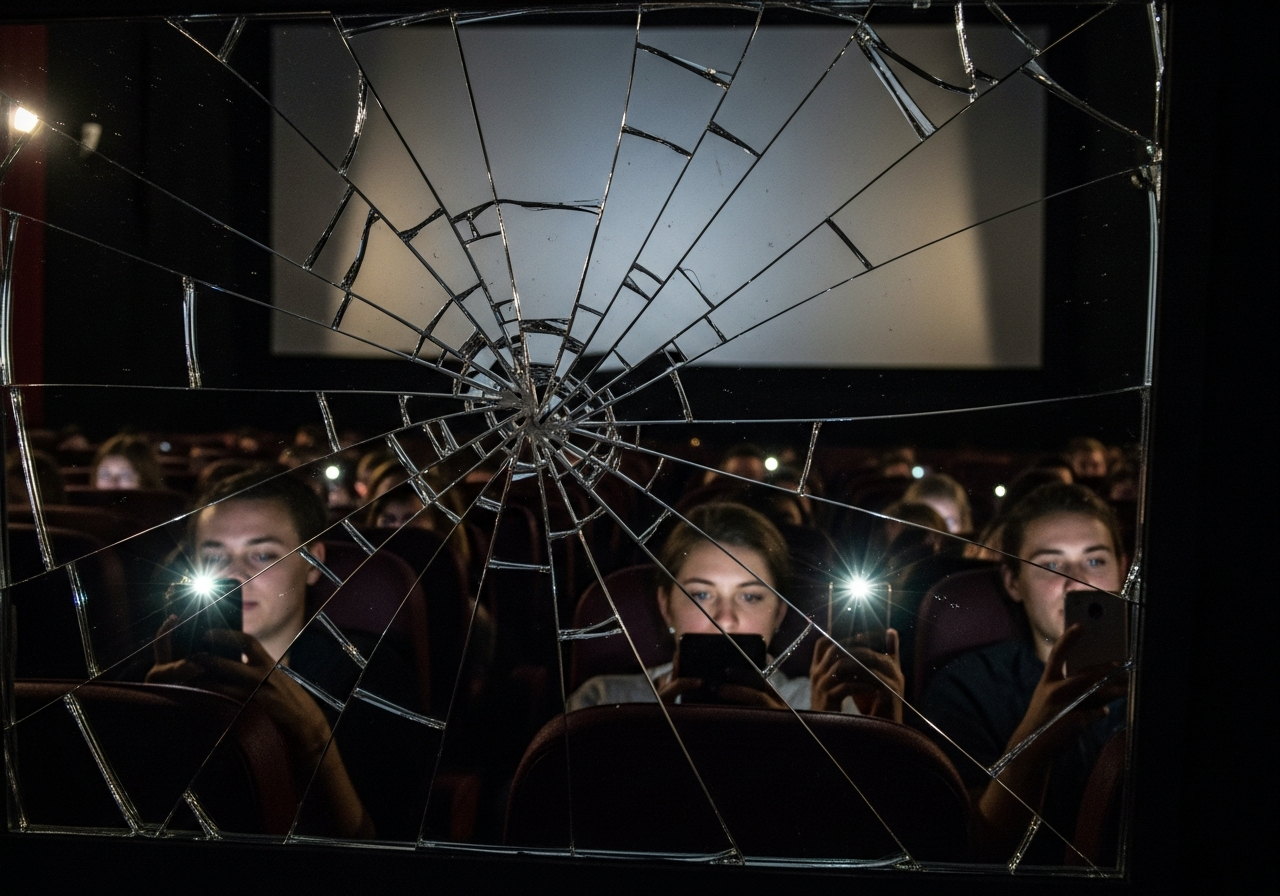 A distorted reflection of a cinema screen on a broken mirror, showing fragmented faces of people looking at their phones rather than the screen.