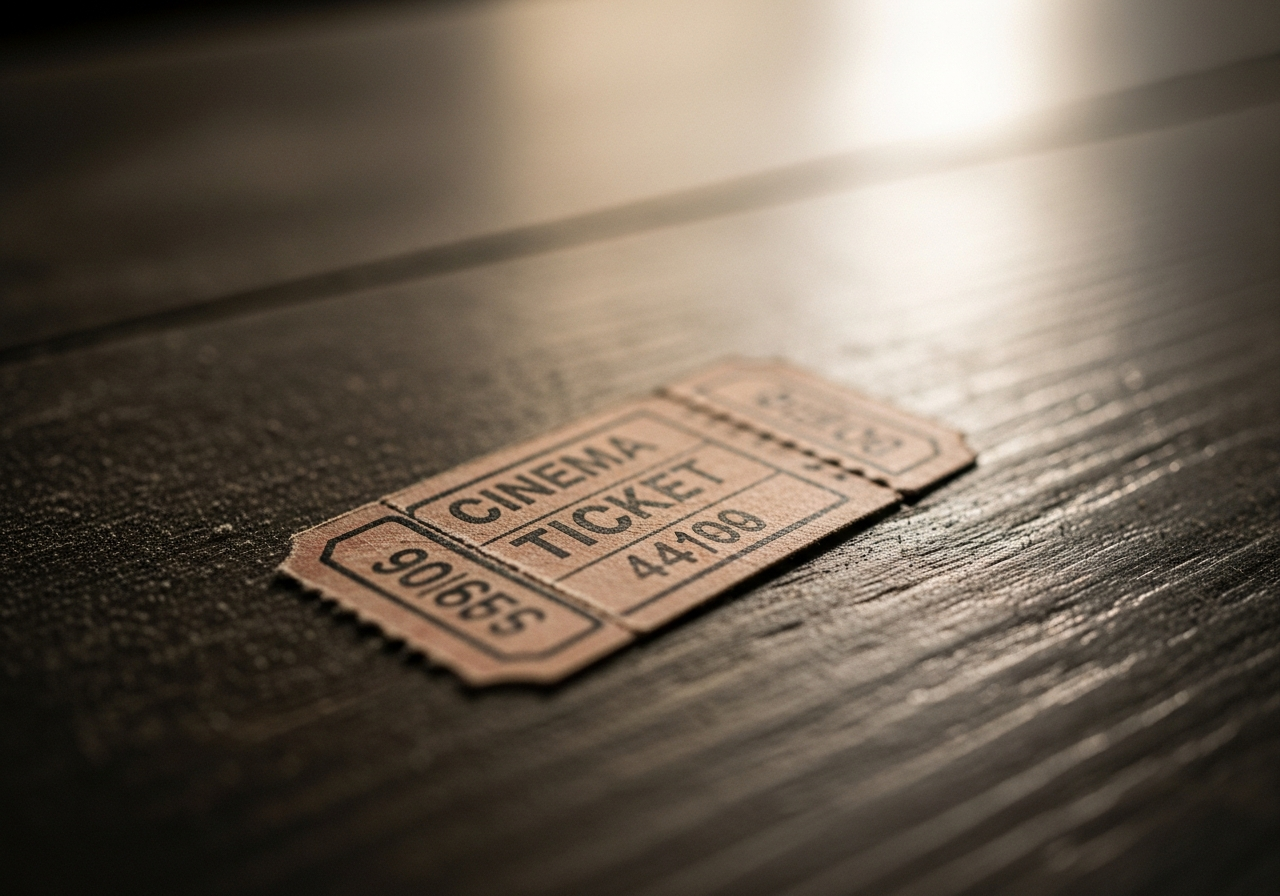 A single, old cinema ticket stub, slightly worn, lying on a dusty wooden surface, symbolizing a simpler time of film viewing.