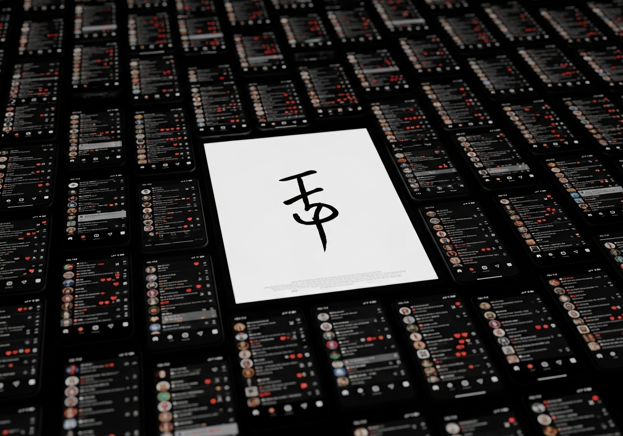 A modern minimalist movie poster with a single ambiguous symbol, surrounded by glowing phone screens displaying social media likes and comments.