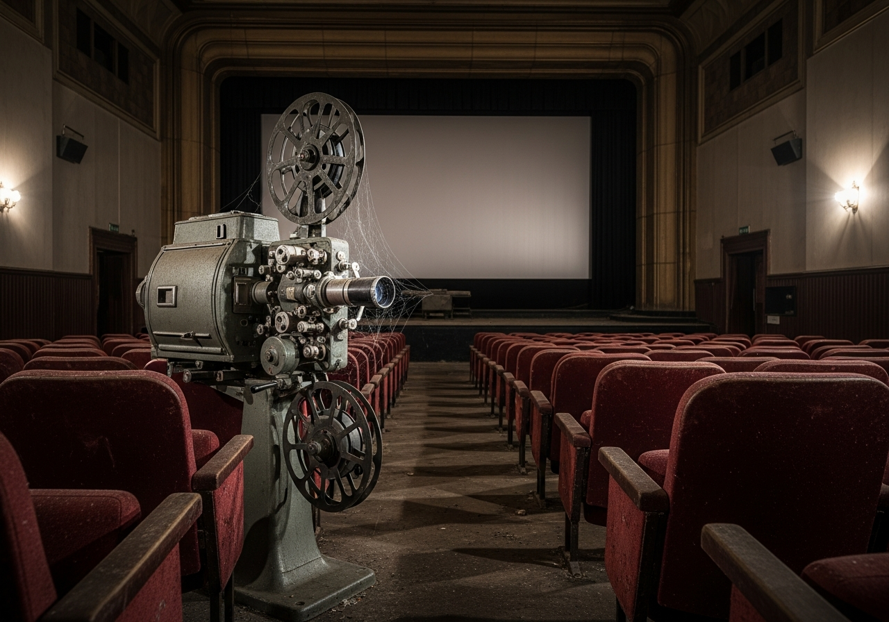 A solitary old film projector from the 1950s stands abandoned in a dusty, dimly lit cinema aisle, cobwebs clinging to its lens, surrounded by rows of empty red velvet seats. The screen is blank, reflecting nothing but faint ambient light.