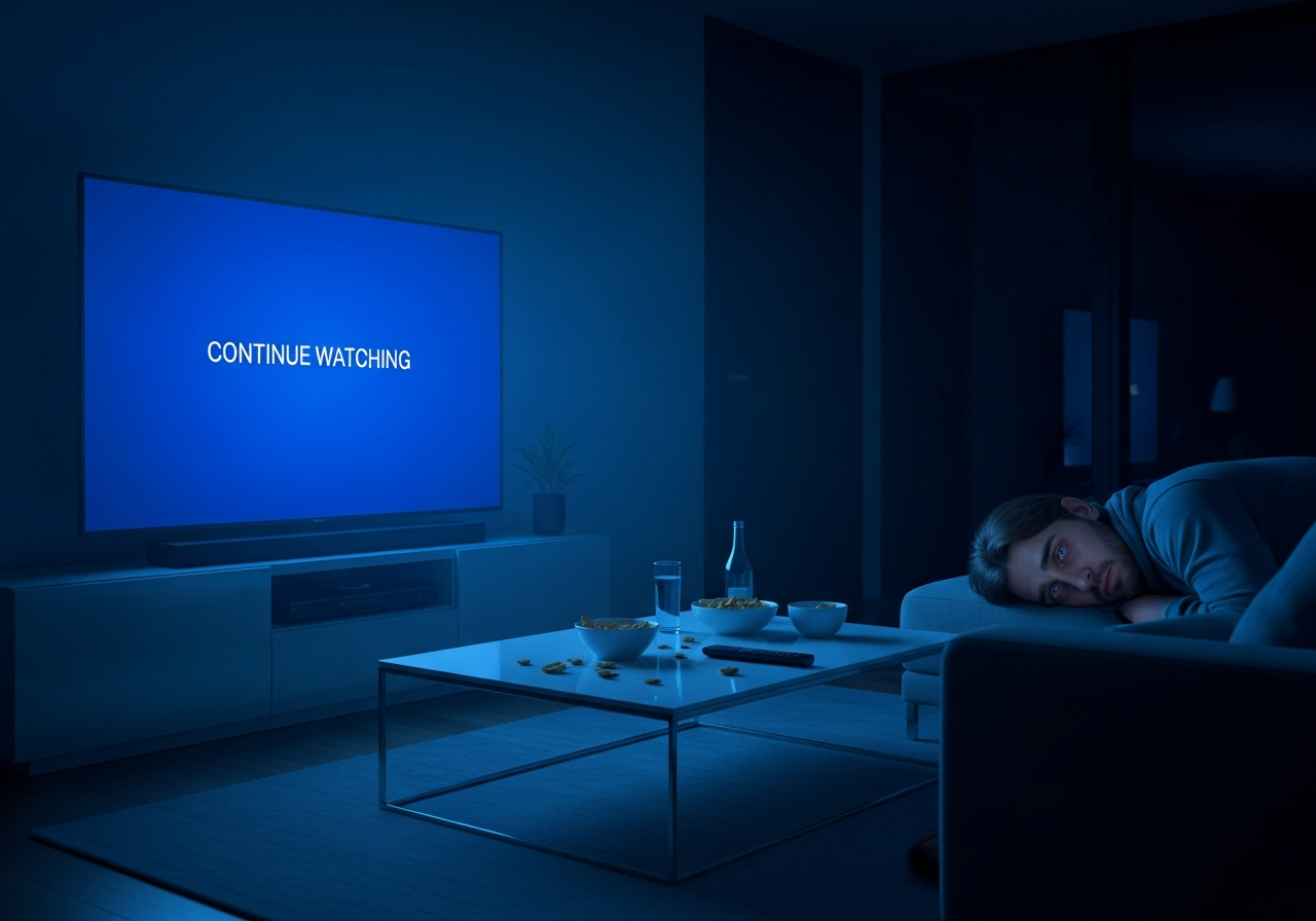 A modern living room at night, illuminated only by the blue glow of a large TV screen displaying a 'Continue Watching' prompt. Empty snack bowls and a remote control lie on the coffee table. The person watching is slumped on the couch, eyes glazed, looking slightly overwhelmed or exhausted by the endless content.