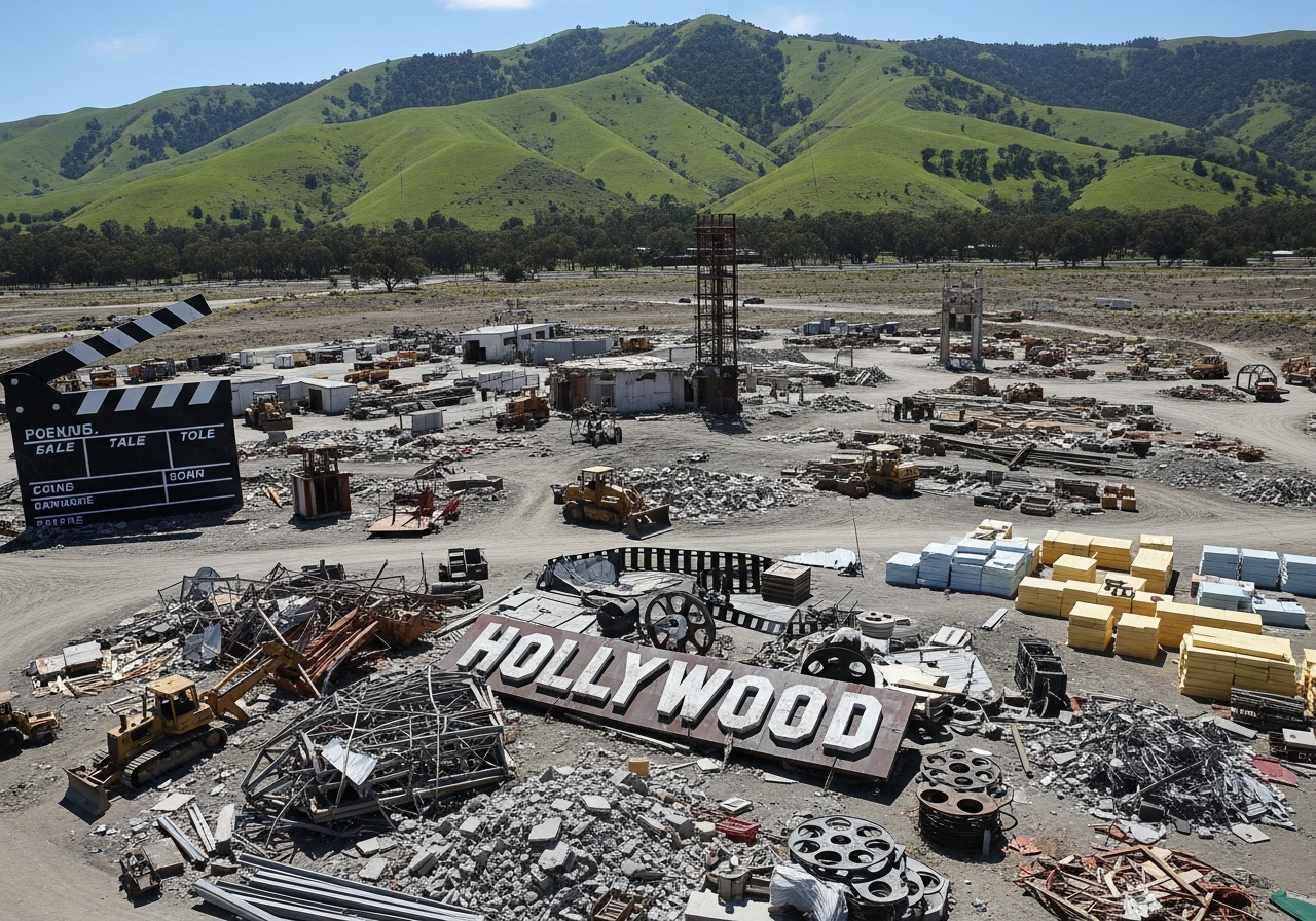 An aerial shot of a sprawling, partially demolished movie set on an arid landscape, with construction debris and discarded materials visible, contrasting with green hills in the distance