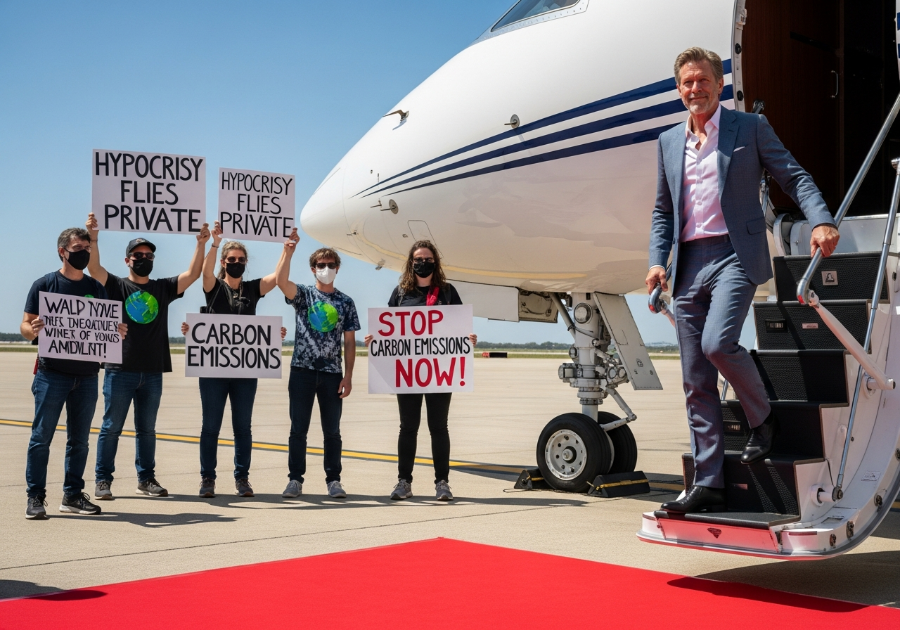 A famous actor, known for environmental advocacy, stepping off a private jet onto a red carpet, looking slightly smug, while a small group of protesters in the background hold signs about carbon emissions.