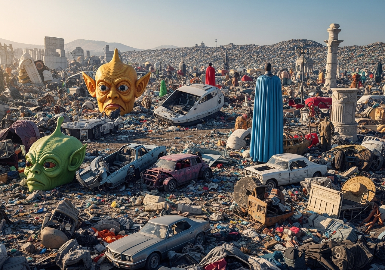 A vast landfill filled with colorful, discarded movie props, set pieces, and costume elements, creating a surreal and melancholy landscape of artistic waste.