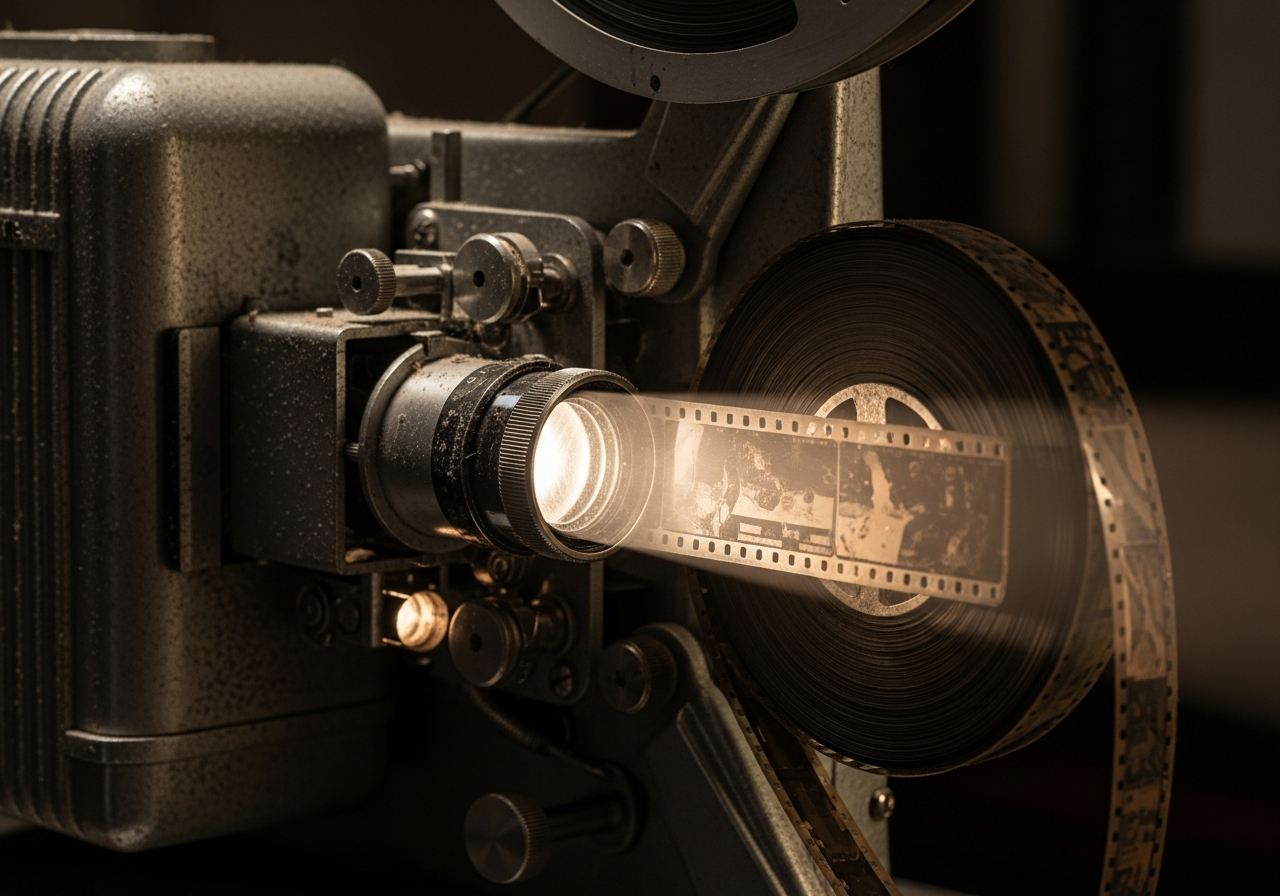 A close-up shot of an old, dusty film projector, its lens dimly lit, casting a faint beam onto a worn-out movie reel. The background is dark and nostalgic, evoking a sense of forgotten magic and the golden age of cinema.