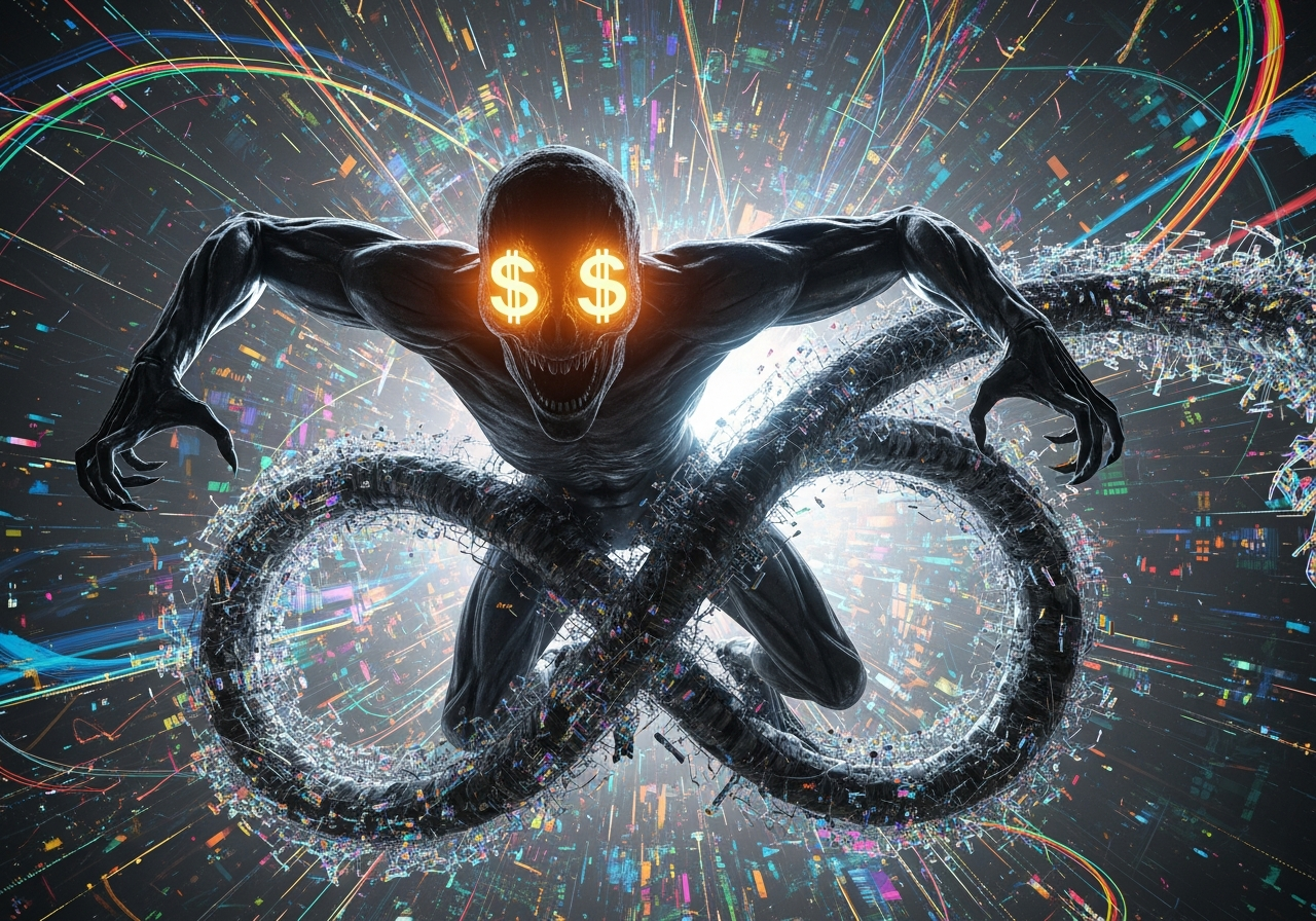 A chaotic, abstract representation of a giant, metallic monster (the 'box office beast') with dollar signs for eyes, attempting to swallow its own tail. The background is a swirling vortex of indistinct, brightly colored, but ultimately meaningless visual effects.