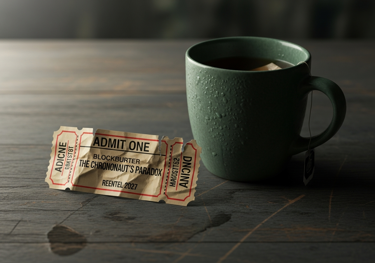 A single, crumpled movie ticket lying on a stained wooden table next to a half-empty, cold cup of tea. The ticket is for a generic blockbuster, and the overall mood is one of quiet disappointment and reflection.