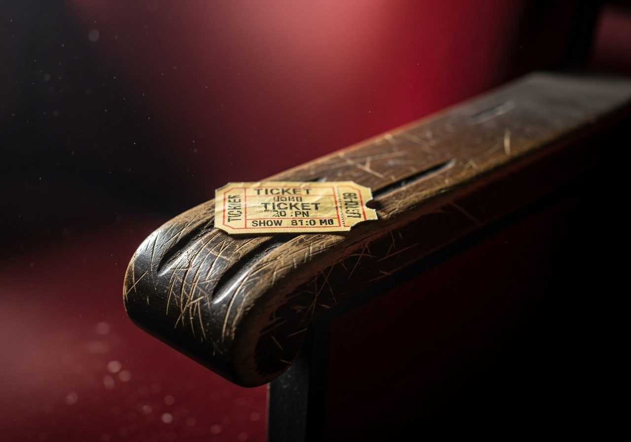 A close-up, slightly out-of-focus shot of a crumpled movie ticket stub lying on a dusty, scratched cinema seat, symbolizing forgotten experiences and rapid consumption. The ambient light is dim and melancholic.