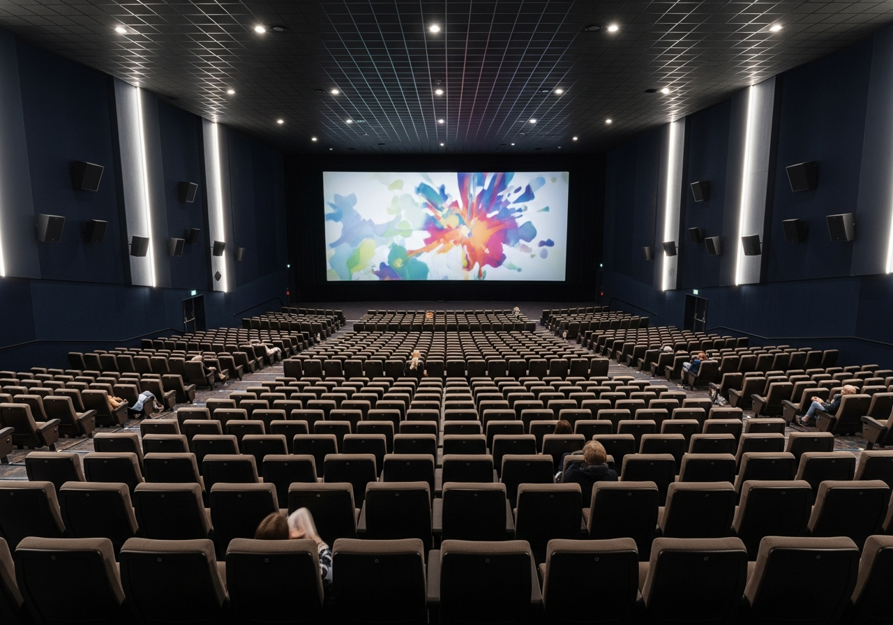 A wide shot of a sparsely populated, modern multiplex cinema, with only a few scattered individuals visible in the vast, empty seats. The screen is showing generic, colorful moving images, but the focus is on the emptiness of the auditorium, hinting at a lost communal experience.