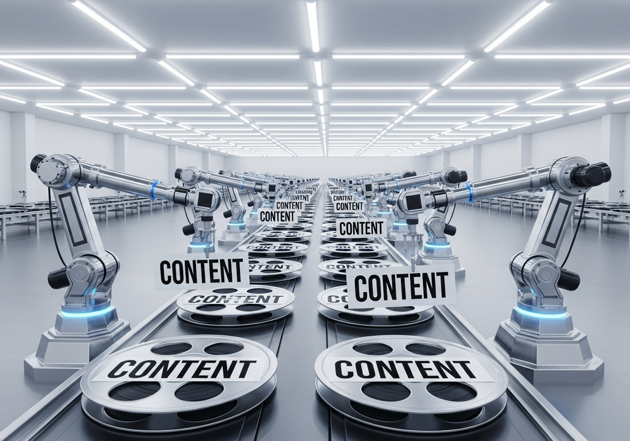 A thought-provoking illustration depicting a large, sterile factory line, where generic, identical film reels are being produced and stamped with "CONTENT" labels, symbolizing the industrialization and loss of artistry in modern cinema. Human hands are absent, replaced by robotic arms.