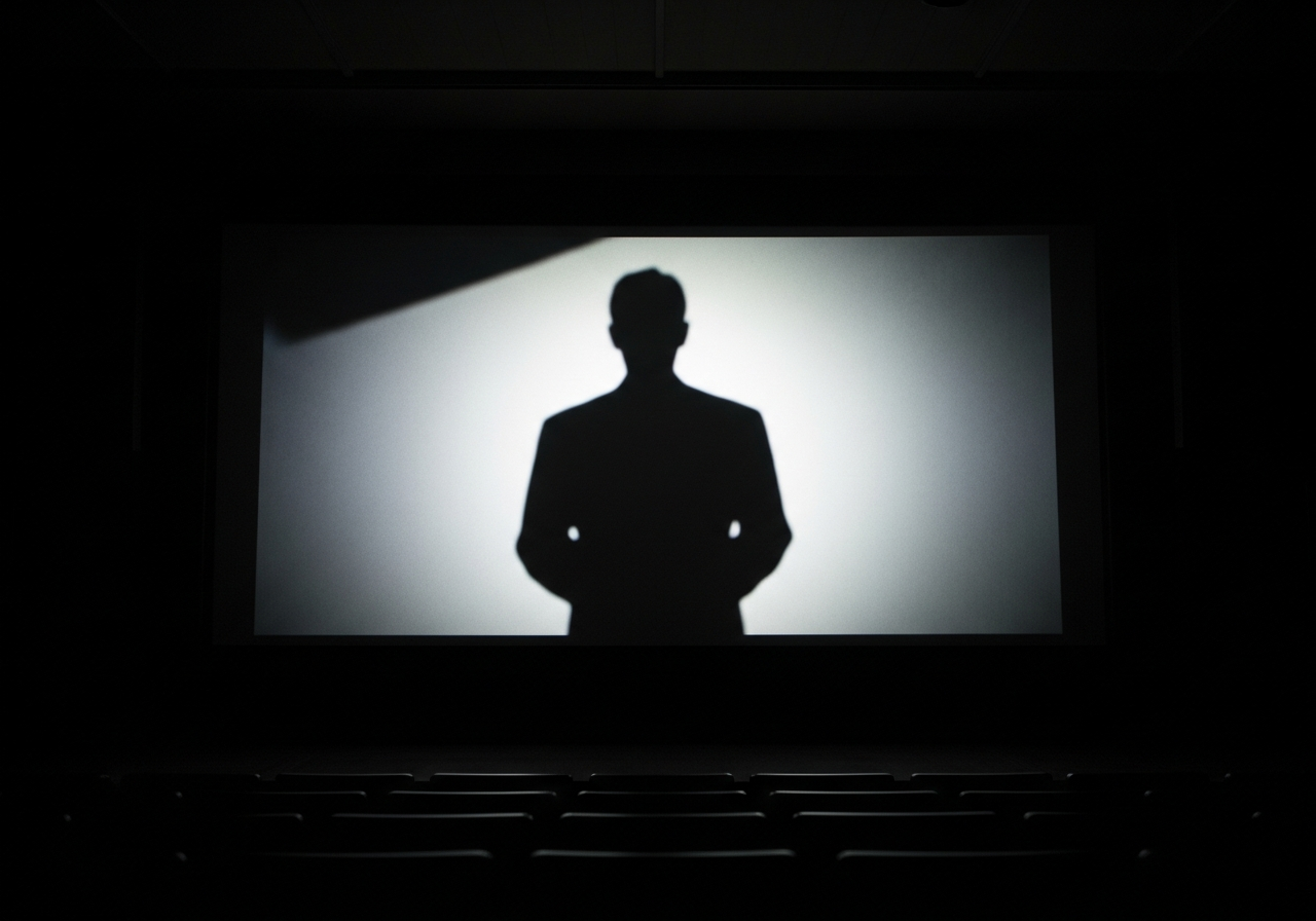 A dimly lit cinema screen from the 1950s, showing a film noir scene with a mysterious shadow figure, conveying ambiguity and suspense.