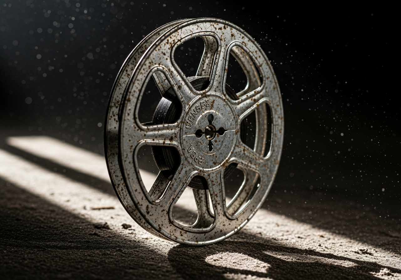 A close-up of an old, weathered film reel, casting long, dramatic shadows against a dusty backdrop, symbolizing forgotten cinematic magic.