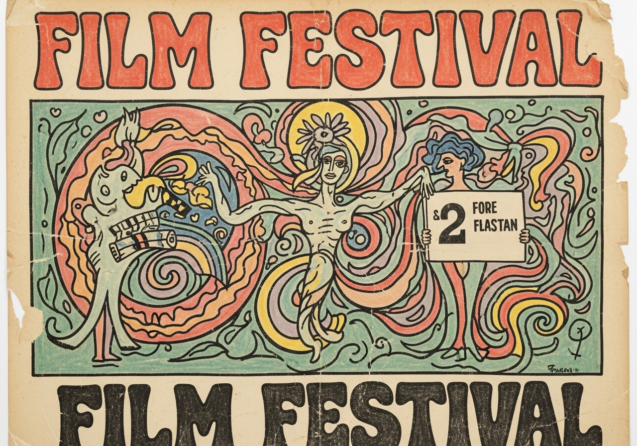 A vintage film festival poster from the 1970s, faded and slightly torn, with a hand-drawn, almost psychedelic style, emphasizing artistic expression and rebellion, starkly contrasting with modern glossy corporate event posters.