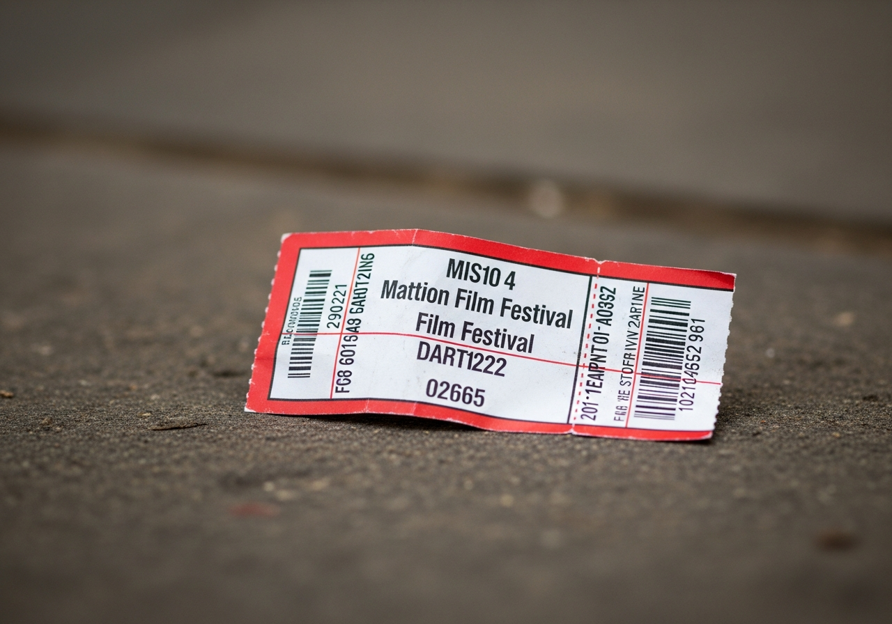 A close-up shot of a crumpled, discarded ticket stub from a major film festival, lying on a dirty sidewalk, symbolizing the fleeting and often commercialized nature of the event.