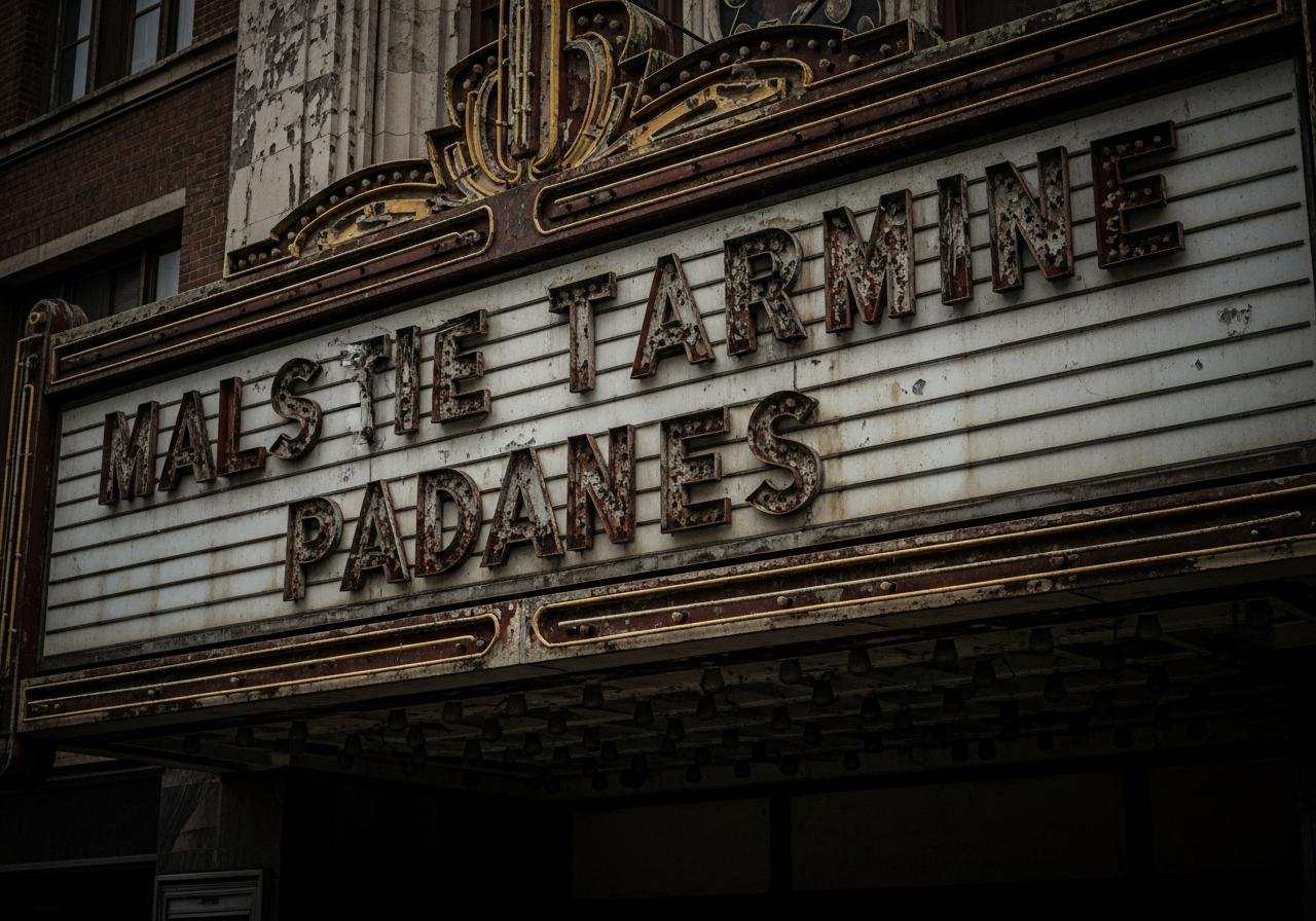 A dimly lit, somewhat dusty old cinema marquee, with faded letters spelling out a forgotten film title. The marquee lights are flickering, hinting at past glory and current neglect.