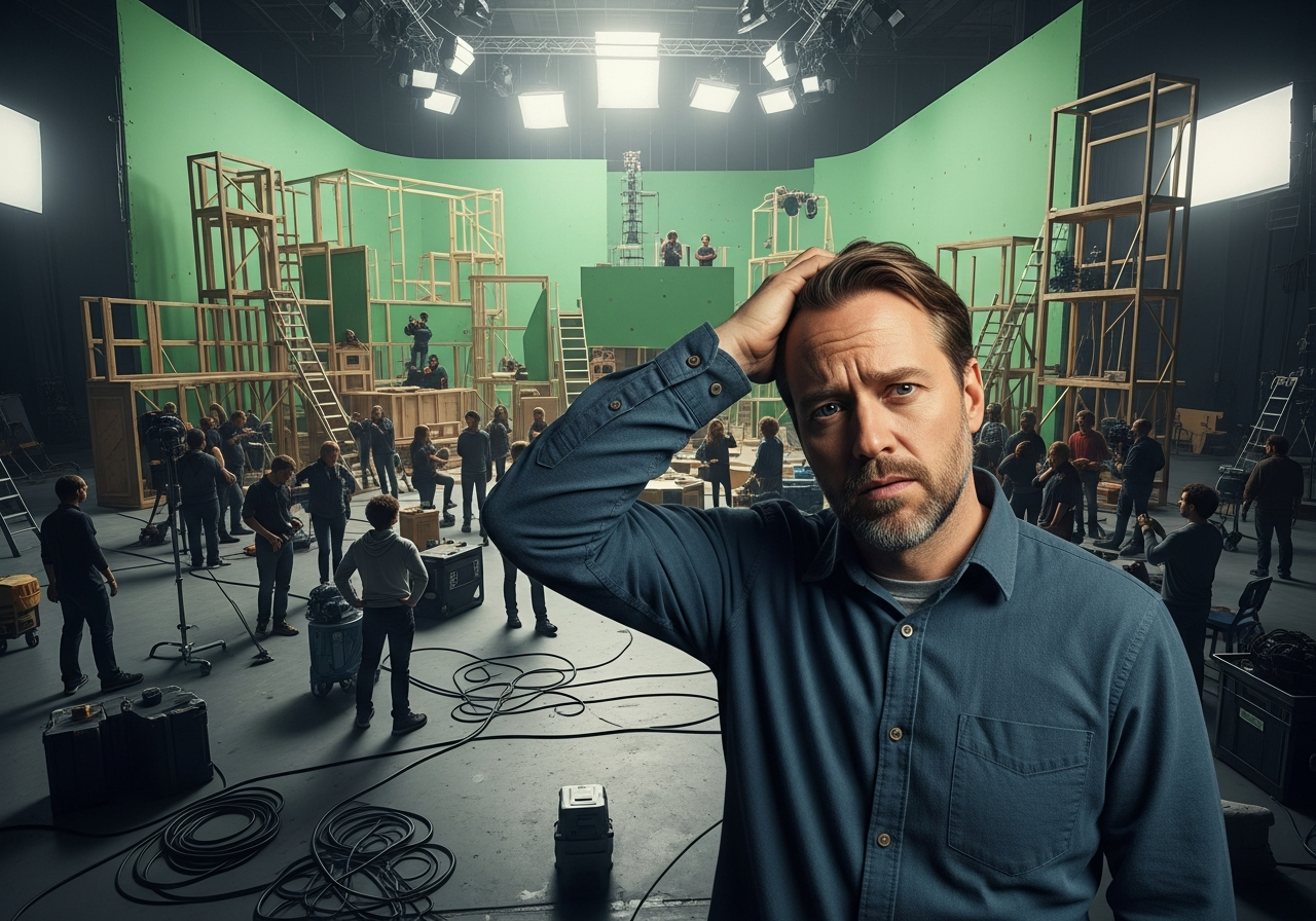 A director on a film set, looking frustrated and scratching his head. Around him, a chaotic scene with crew members looking equally perplexed, amidst half-built elaborate green screen sets.