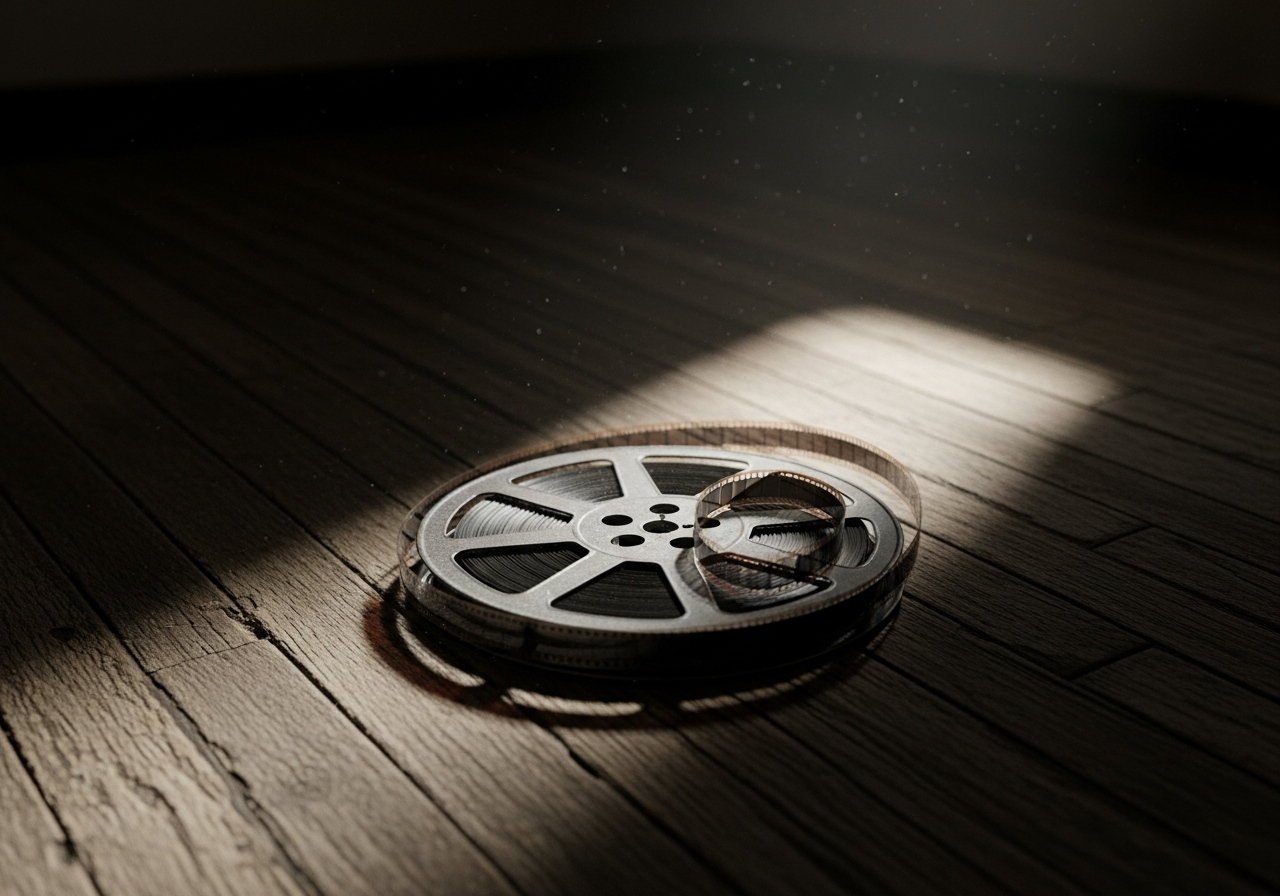 A lone film reel, slightly dusty, lying forgotten on a wooden floor in a dimly lit, empty room, with faint light streaming from a high window.