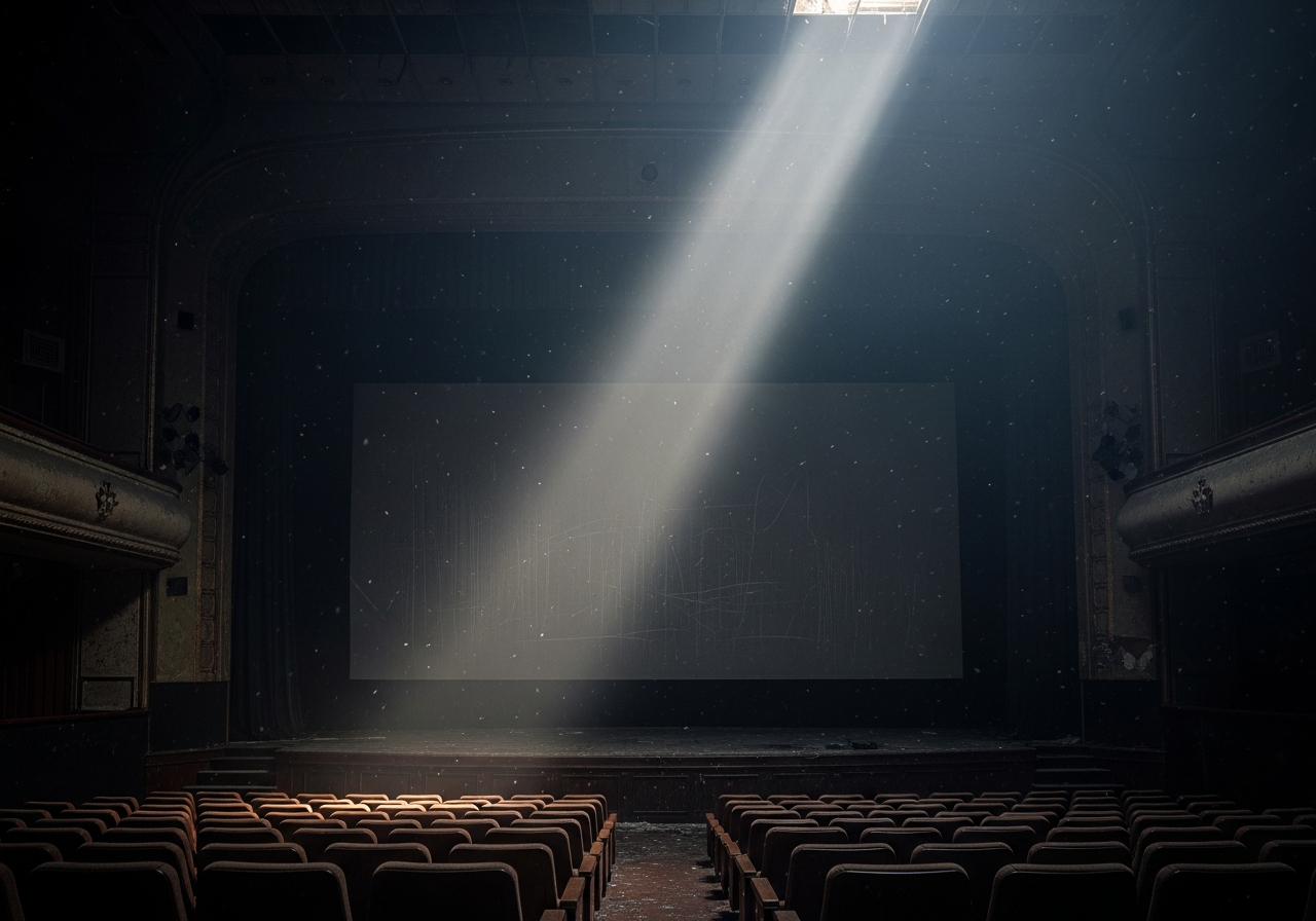A dimly lit, dusty old cinema interior. The screen is dark, showing faint scratches, and empty seats are visible in the foreground. A single ray of light from a projector booth shines down through the haze, illuminating floating dust particles.