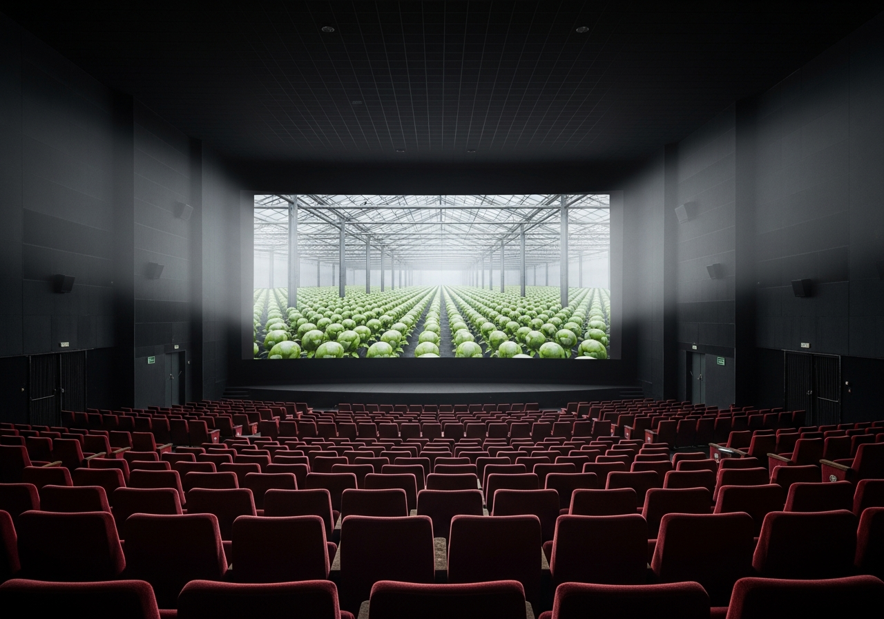 A surreal movie theater screen showing a barren, sterile greenhouse filled with identical, pale green plants, instead of a vibrant film. The audience seats are empty, dusty.