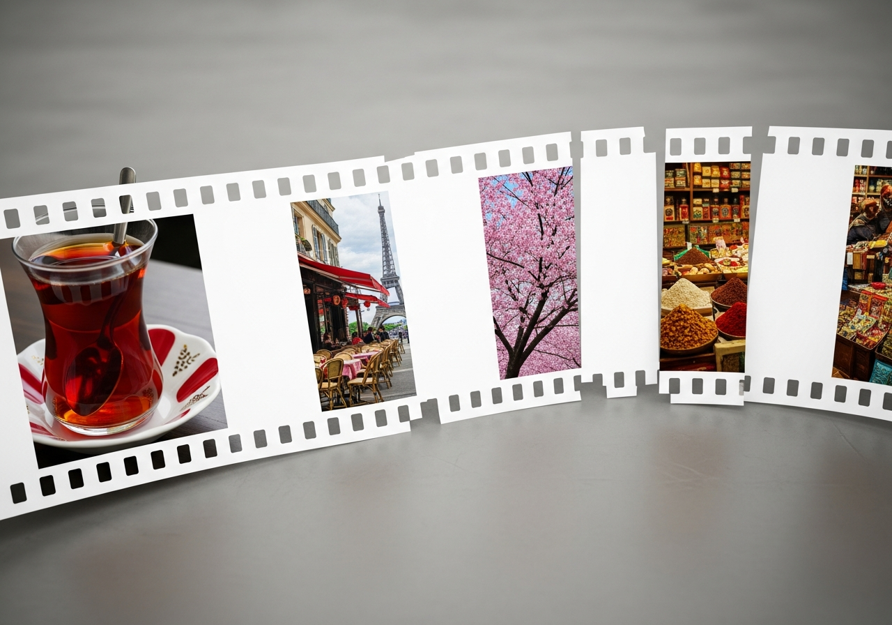 A fragmented film reel, each frame showing a different iconic local cultural image (e.g., Turkish tea glass, Parisian café, Japanese cherry blossoms), but with sterile white strips between frames, suggesting disconnect.