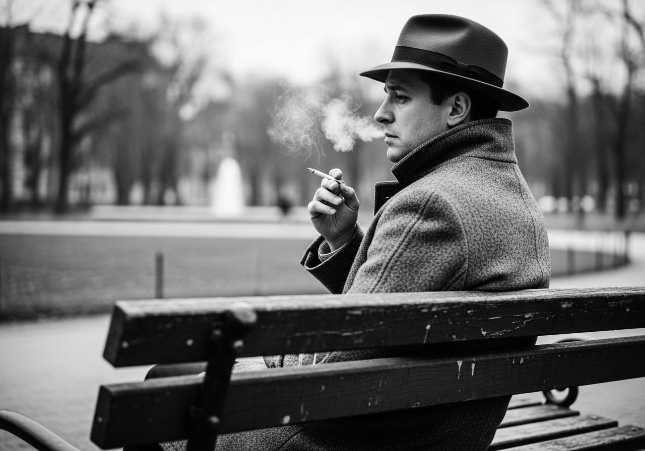 A black and white photograph from an old European film, showing a solitary man sitting on a park bench, smoking a cigarette, with a thoughtful or melancholic expression. The background is slightly out of focus, suggesting a quiet, unhurried atmosphere.