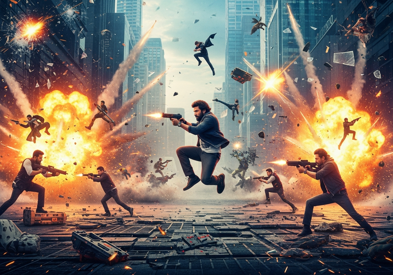 A chaotic and overwhelming modern movie scene still, filled with explosions, debris flying, and multiple characters in dynamic action poses, all against a hyper-realistic, digitally enhanced cityscape. The colors are vibrant and saturated, emphasizing the visual excess.