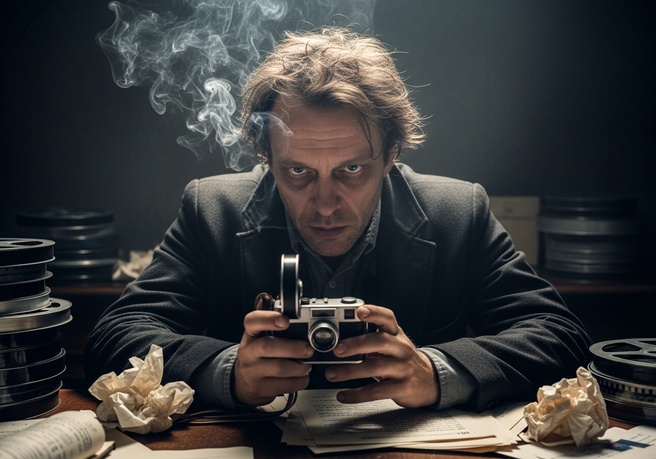 A director with disheveled hair and dark circles under his eyes, looking intensely at a small vintage film camera in a dimly lit, smoky room, surrounded by film reels and scattered papers, evoking an old-school, reclusive artist.