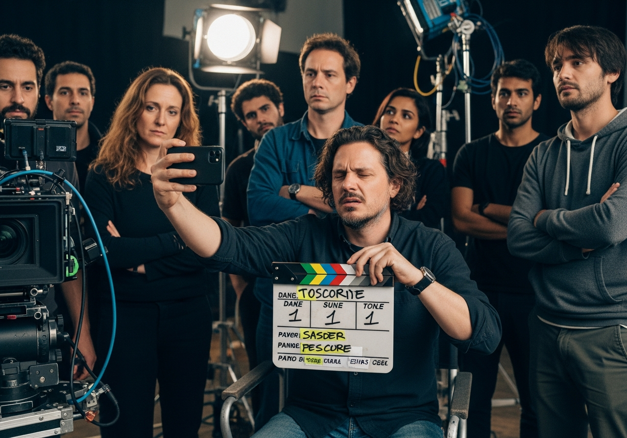 A director, looking stressed and exhausted, holds up a smartphone with one hand, trying to frame a selfie, while the other hand awkwardly clutches a clapperboard. Behind them, a film crew looks on with a mix of confusion and resignation, symbolizing the clash between artistic integrity and social media demands.