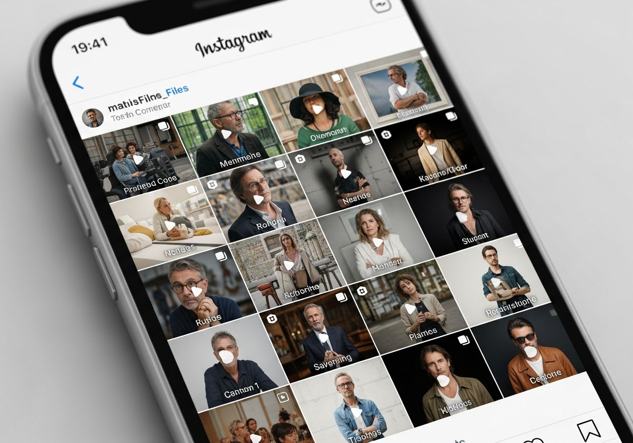 A close-up of a smartphone screen displaying a director's Instagram feed, full of carefully curated, highly aesthetic photos and videos of their daily life, film sets, and promotional events, with numerous likes and comments, highlighting the curated "persona".