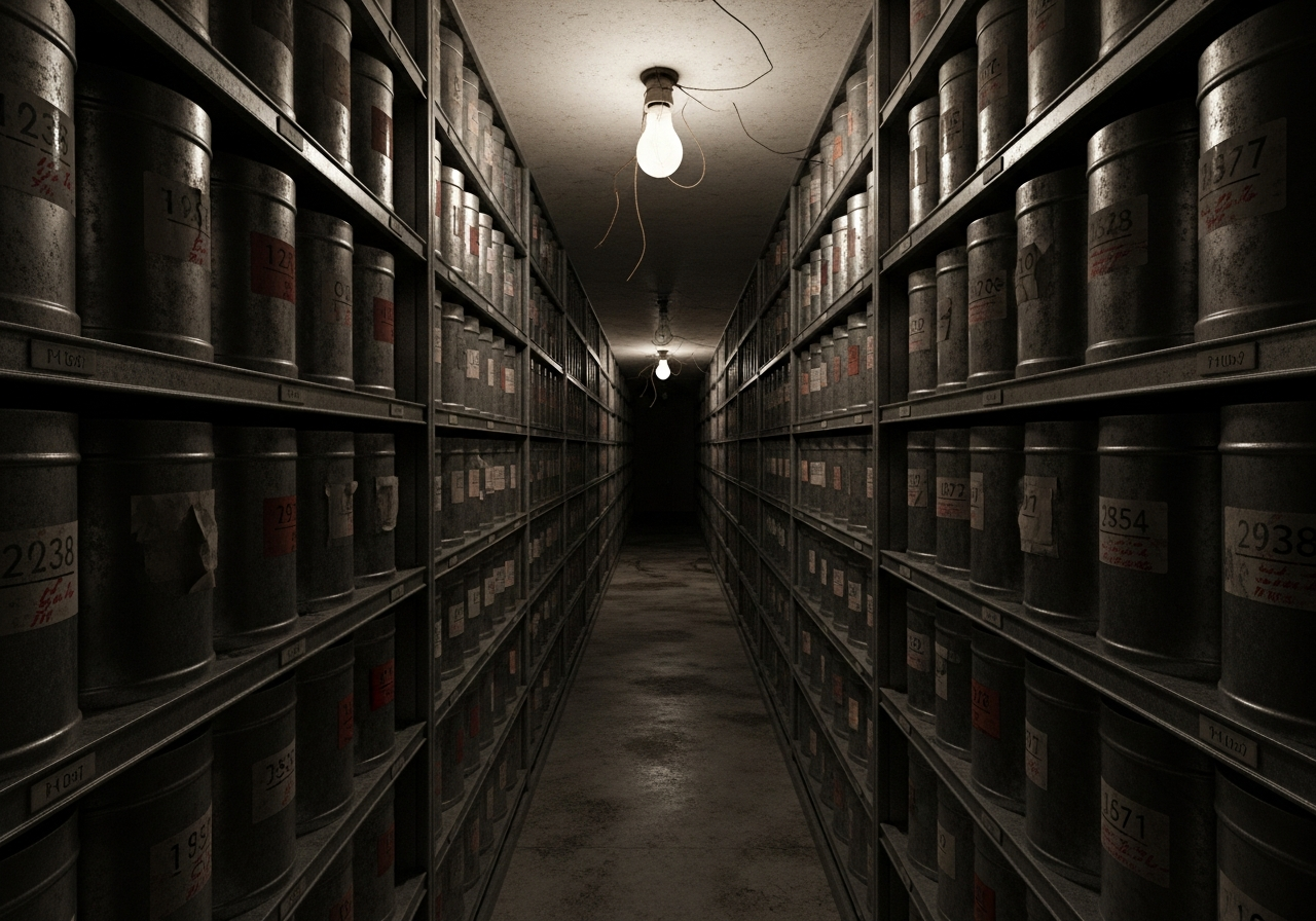 A dimly lit, dusty film archive aisle, with rows of metallic film canisters stretching into the distance. A single, weak light bulb hangs precariously from the ceiling, casting long shadows. Some of the labels on the canisters are peeling or unreadable, suggesting neglect.
