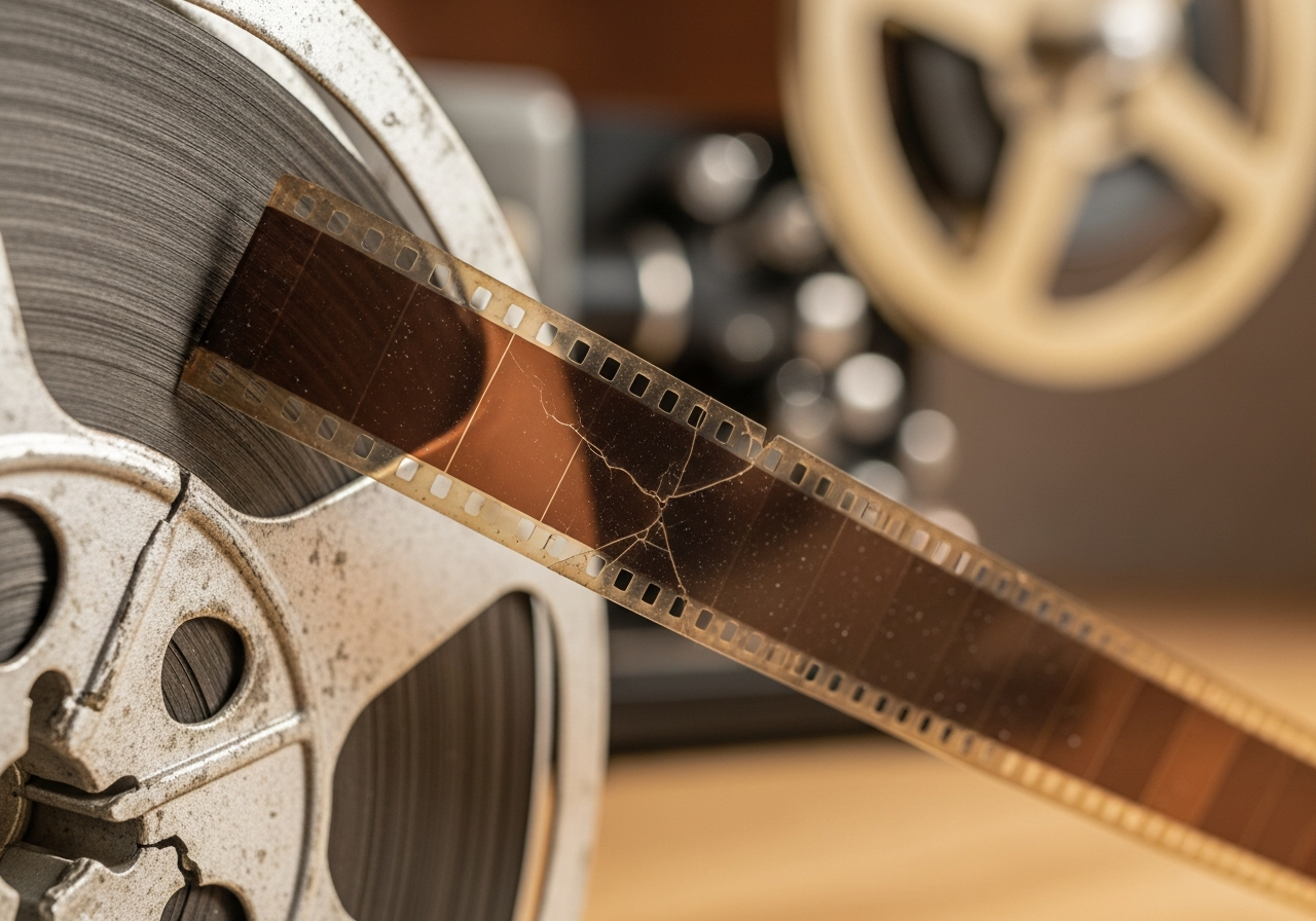 A close-up of an old, slightly cracked 35mm film reel, with the film strip partially unspooled and visible. The celluloid shows faint scratches and dust, implying age and delicate material. The background is a blurry, warm-toned vintage projector.