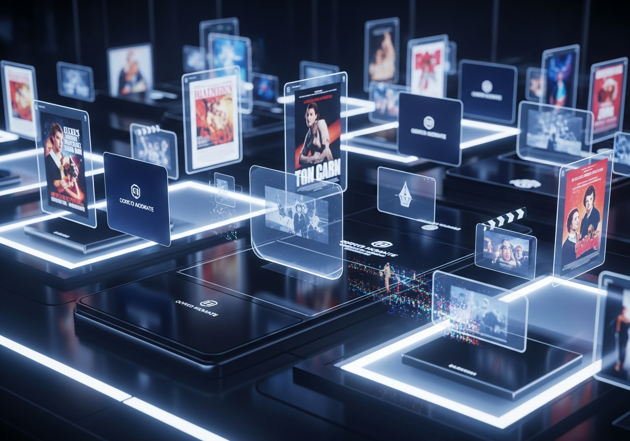 A stylized, futuristic digital archive interface with holographic projections of classic movie posters and film clips. The interface is sleek but shows signs of corporate branding, hinting at ownership and control. A subtle glitch effect is visible on some of the projections.