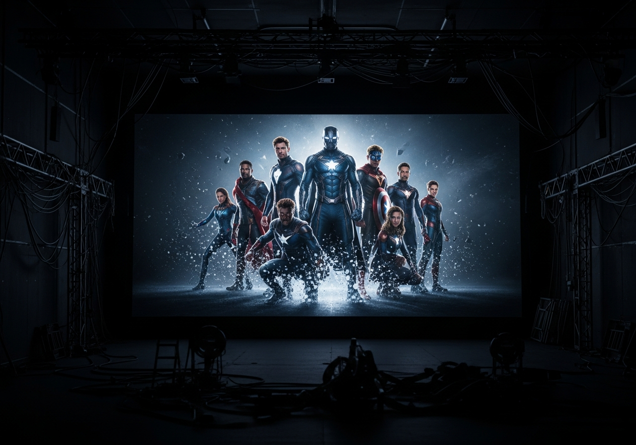 A dimly lit cinema screen showing a fractured, incomplete image of a superhero team, with wires and backstage elements subtly visible, hinting at the artificiality and ongoing nature of the 'universe'.