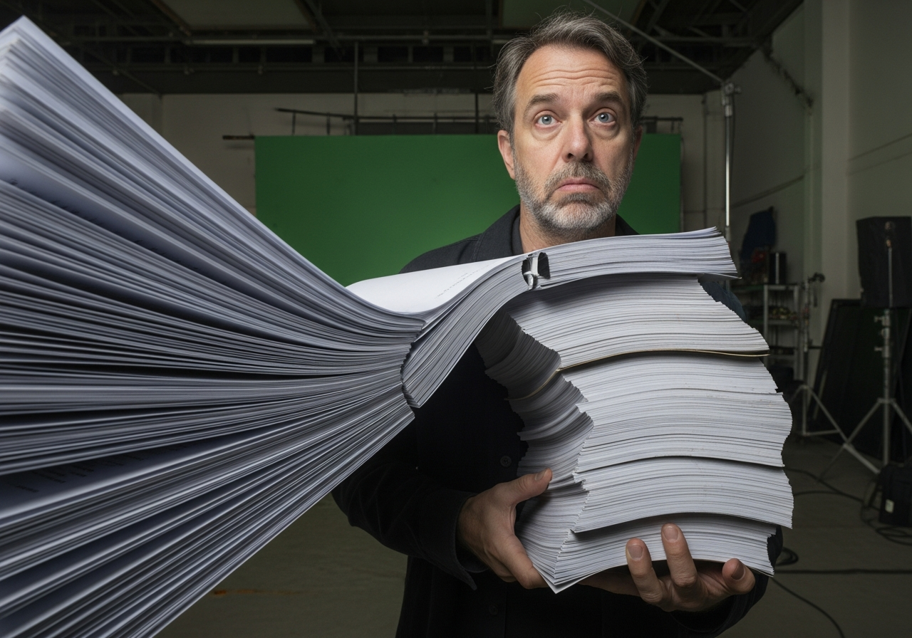 A director on a film set looking exhausted and frustrated, holding a script that appears to have an endless number of pages, stretching out of frame, implying an unending production. The set is generic and uninspired.