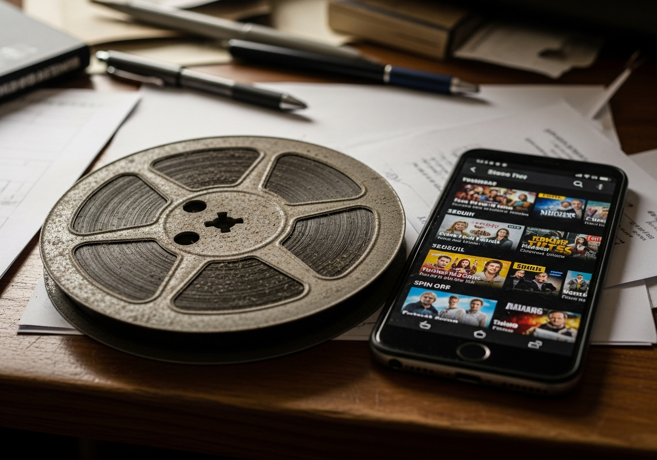 A single, old-fashioned film reel, dusty and forgotten, lying on a cluttered desk next to a modern smartphone displaying a streaming service menu with endless sequel options. The reel represents standalone cinema, the phone represents modern fragmented viewing.