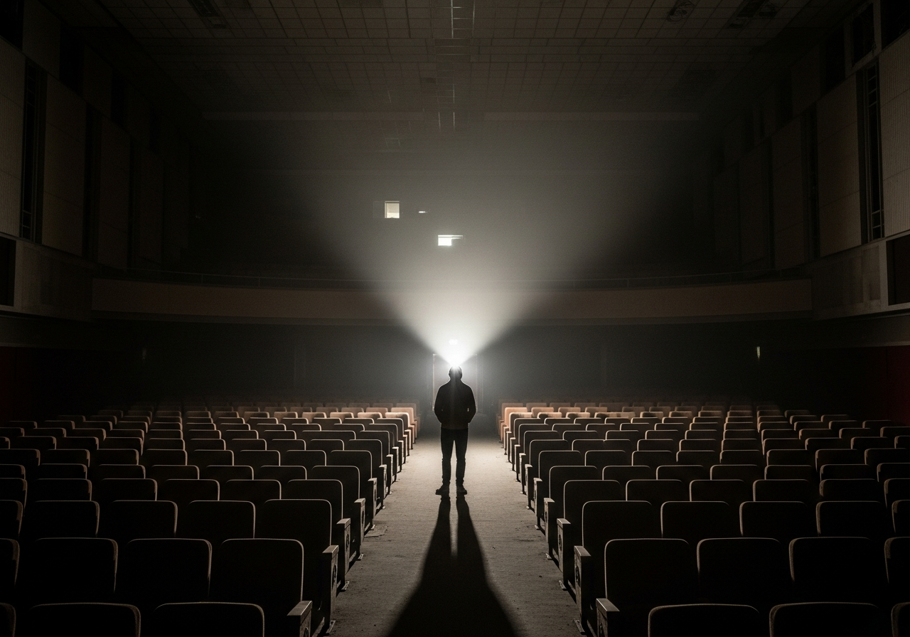 A solitary figure standing in a vast, empty cinema hall, the projector light a faint beam in the dust-filled air, emphasizing a sense of loss and emptiness.