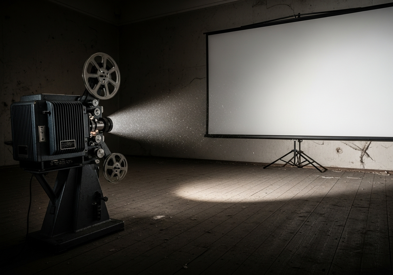 A vintage film projector casting light onto a blank screen in a dusty, forgotten room, symbolizing the lost era of nuanced storytelling.
