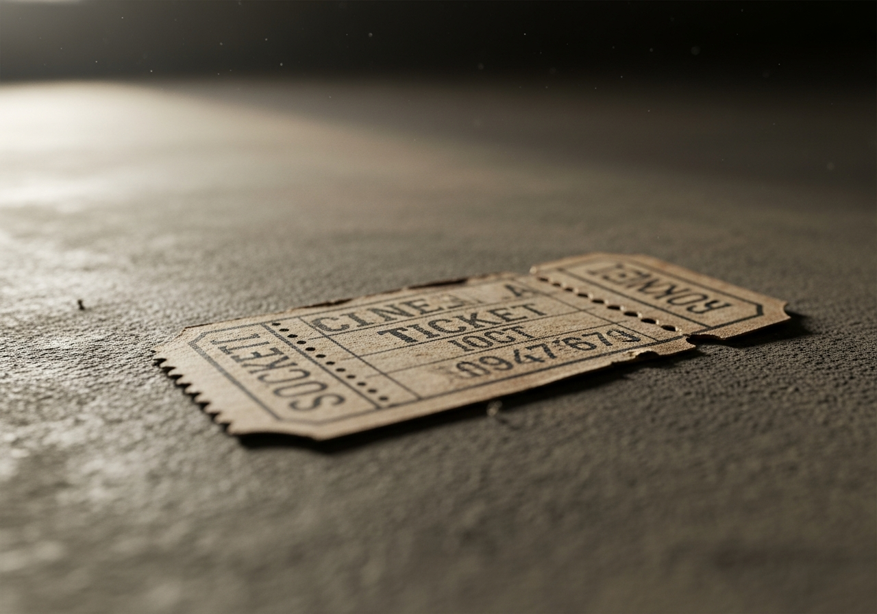 A close-up of an old, tattered cinema ticket stub lying on a dusty floor, forgotten, evoking nostalgia and a sense of decay.