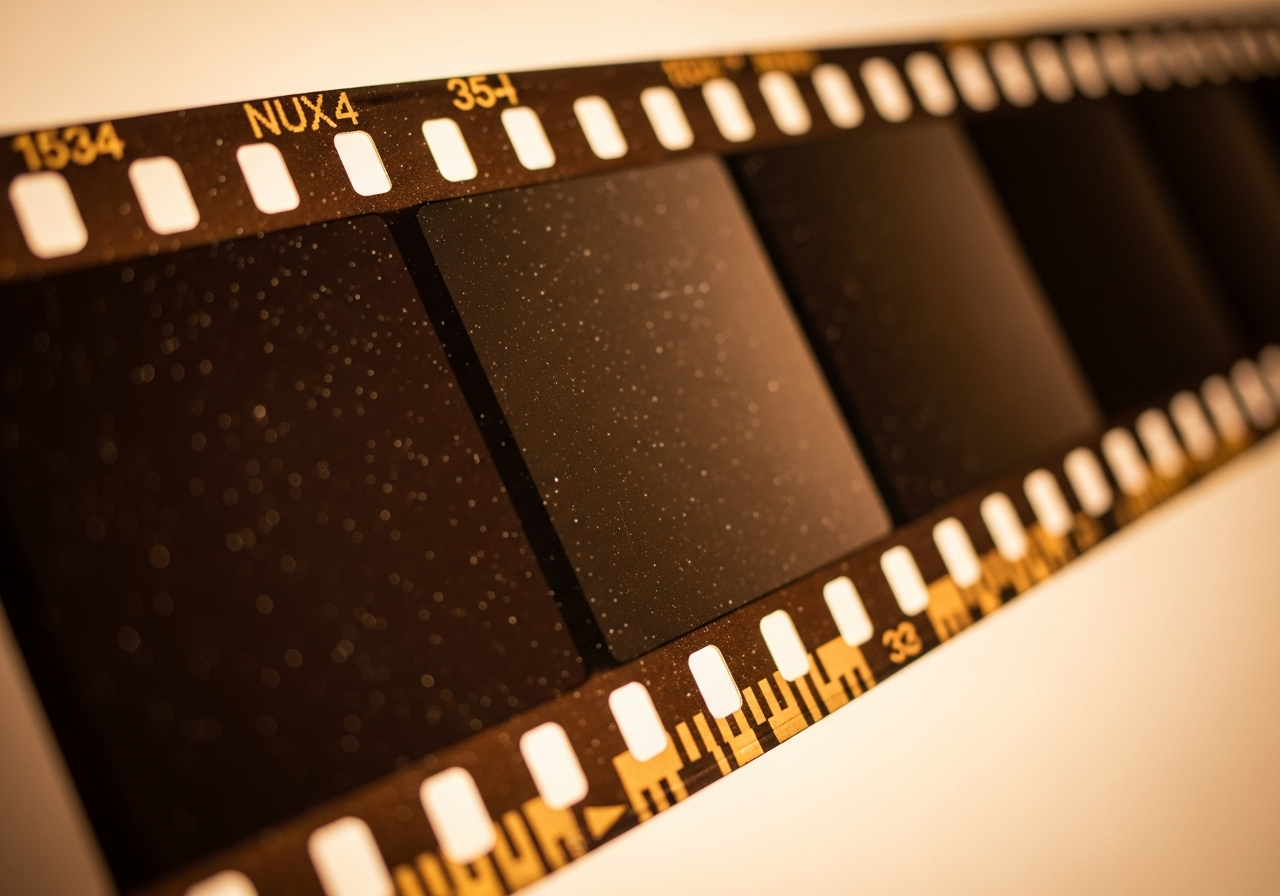 A close-up shot of an old 35mm film strip, showing visible grain, dust particles, and minor scratches under a soft, nostalgic light. The edges of the film frame are slightly worn, emphasizing its organic, tactile nature.