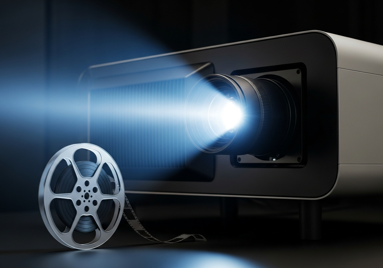 A modern, sleek digital cinema projector emitting a bright, perfectly stable light beam, contrasted with the faint, almost ghostly silhouette of an old film reel in the foreground, suggesting the past being overshadowed.