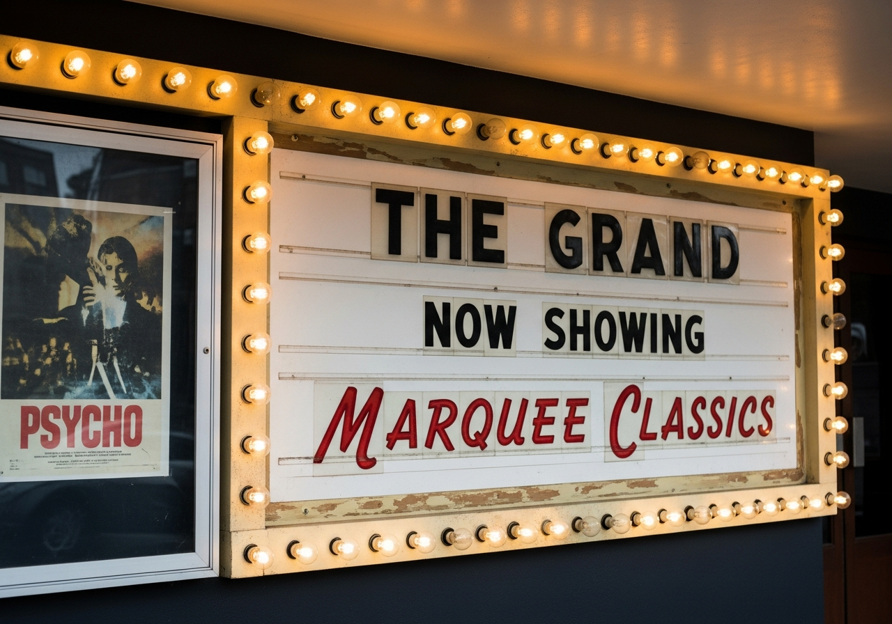 A weathered, classic cinema entrance sign from the 1960s, slightly faded but still charming, with light bulbs around the marquee that appear to be flickering softly, hinting at an era of organic imperfection.